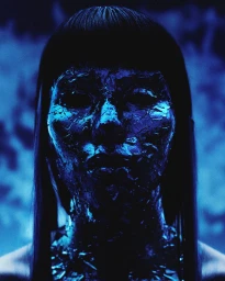 Close-up portrait of a woman with dark hair and a textured, fractured face illuminated in intense blue light