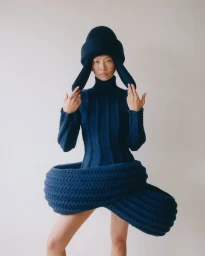 Model wearing a structured navy knit sweater and matching hat with extended earflaps against a plain neutral background.