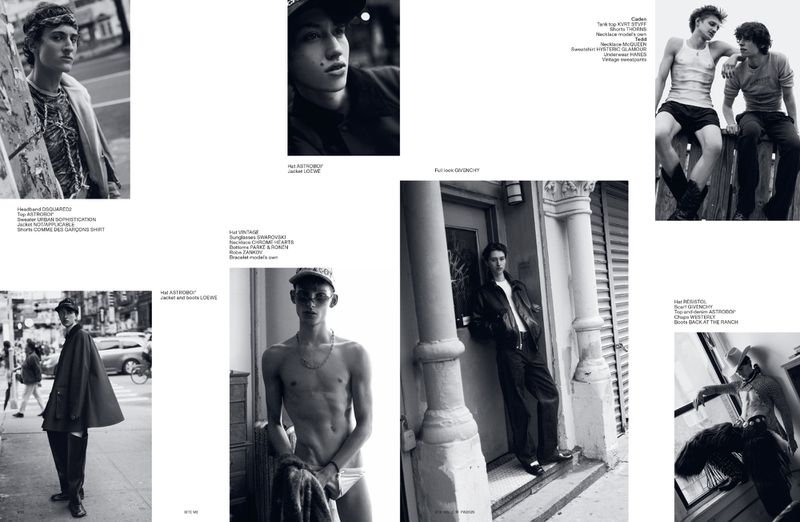 A black and white fashion editorial featuring several young men in various outfits, set in both urban and studio environments.