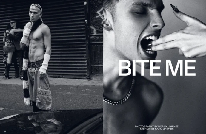 Black and white fashion shot featuring a shirtless man in jeans and a scarf outdoors, contrasted with a close-up of a hand feeding his mouth.