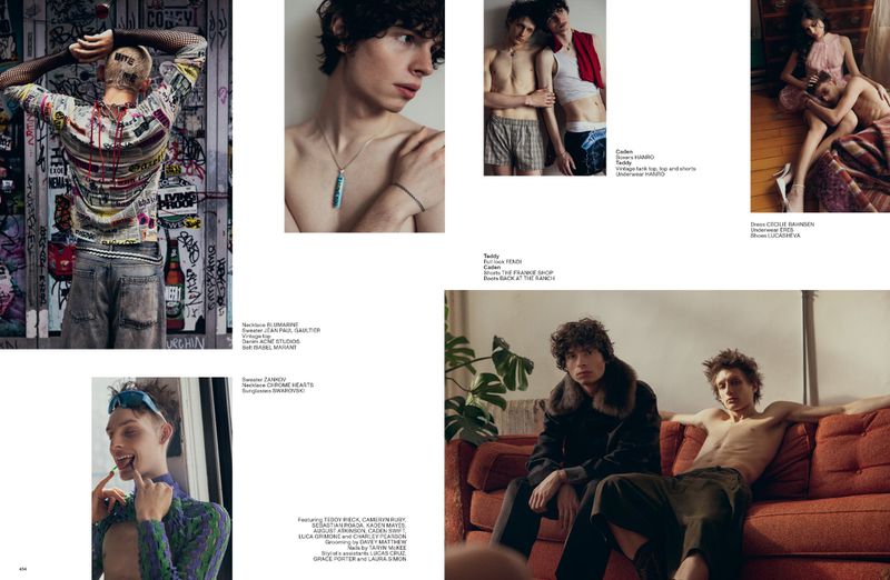 Fashion editorial spread featuring several young adult male models in various poses and outfits against diverse backdrops and settings.