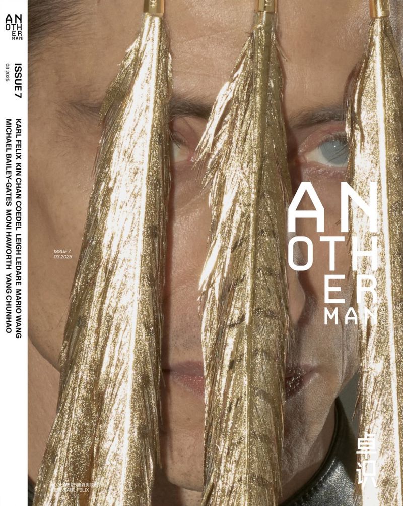Magazine cover featuring a close-up of a man's face partially obscured by golden tassels, with the title 'Another Man' prominently displayed.