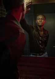 Aliou Gueye wearing a dark button-down shirt and jeans, leaning with one hand against a mirror in dim red-tinted lighting.