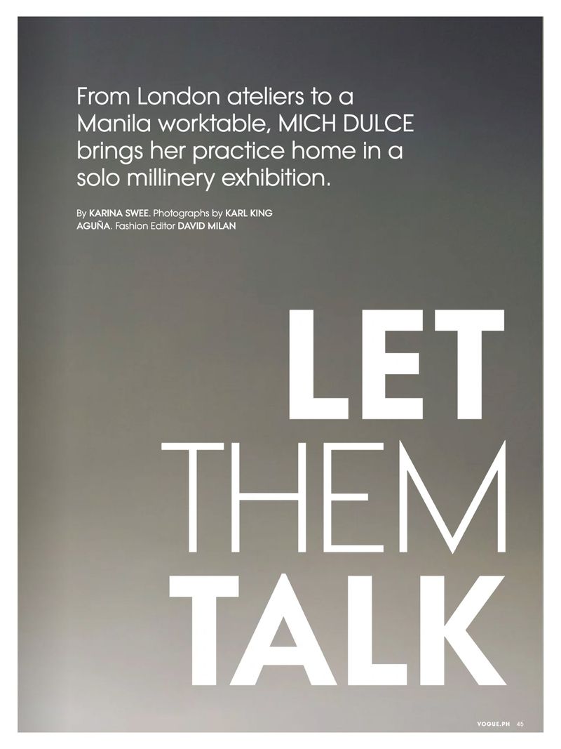 Promotional image with overlaid white text 'LET THEM TALK' over a blurry gradient background, for a millinery exhibition.