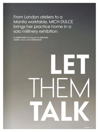 Promotional image with overlaid white text 'LET THEM TALK' over a blurry gradient background, for a millinery exhibition.
