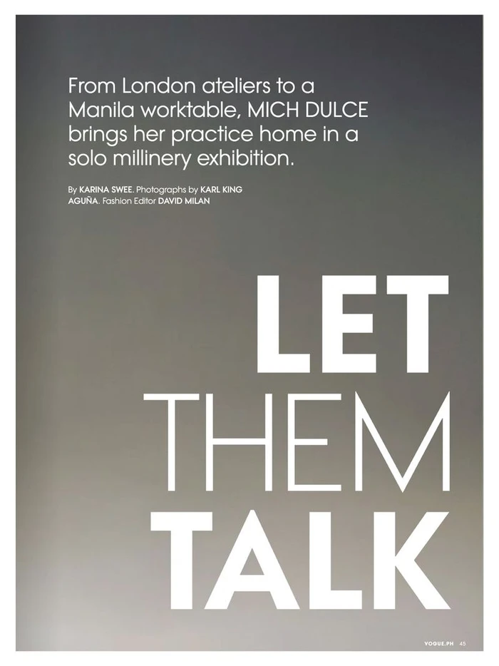 Editorial title page layout reading 'LET THEM TALK' in bold white capital letters across a soft grey gradient background.