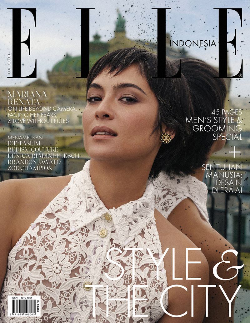 Elle Indonesia cover featuring Mariana Renata. She wears a white lace top and gold earrings with a blurred cityscape backdrop.