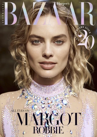 Margot Robbie on the cover of Harper's Bazaar Australia, March 2018 anniversary issue, portrait, wearing a crystal-embellished dress.