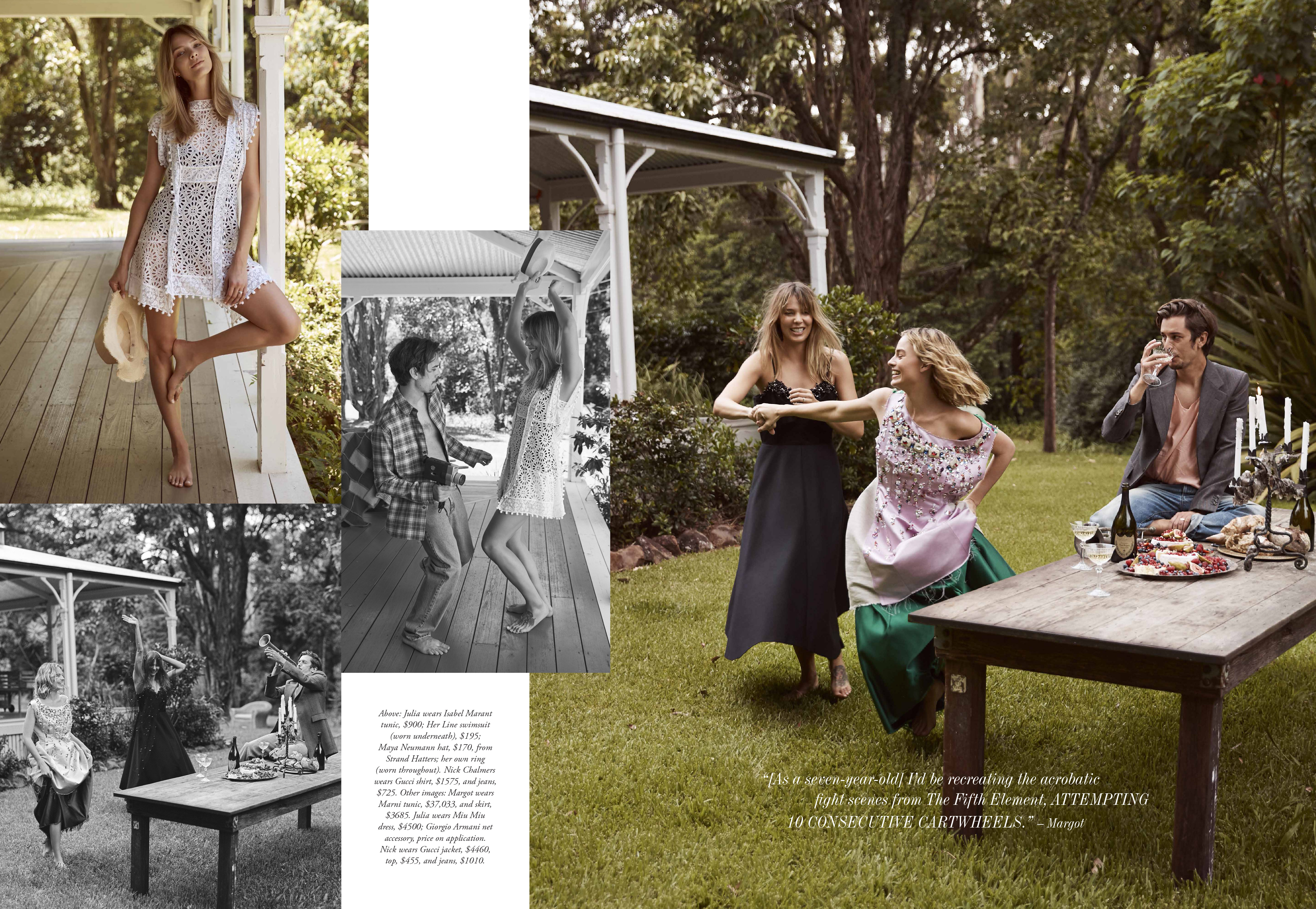 Outdoor fashion shoot features a woman in a white lace dress, people dancing, and a garden party with food and drinks on a table.