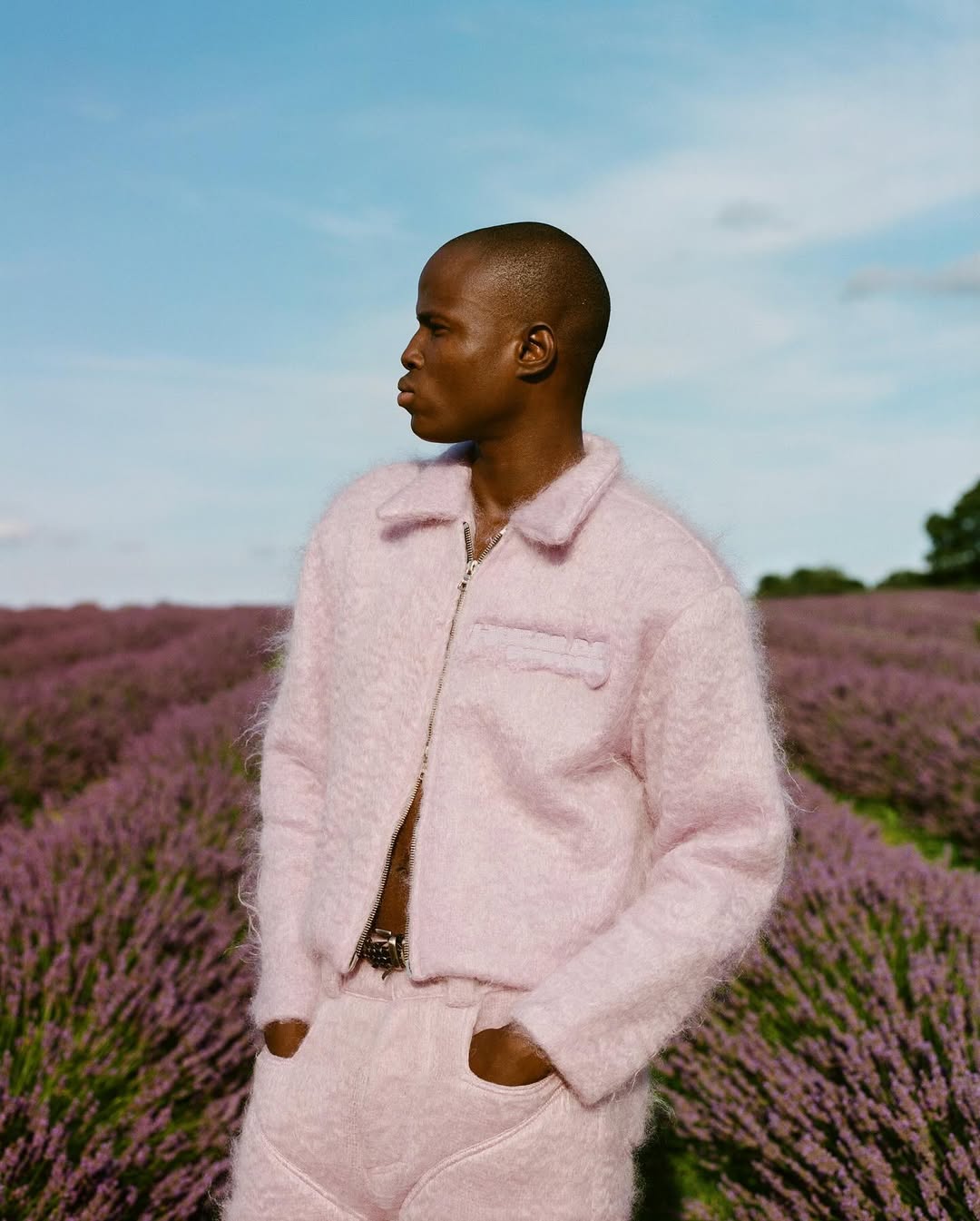An adult male fashion model in a pink jacket and pants looks away in a lavender field under a blue sky on a sunny day.
