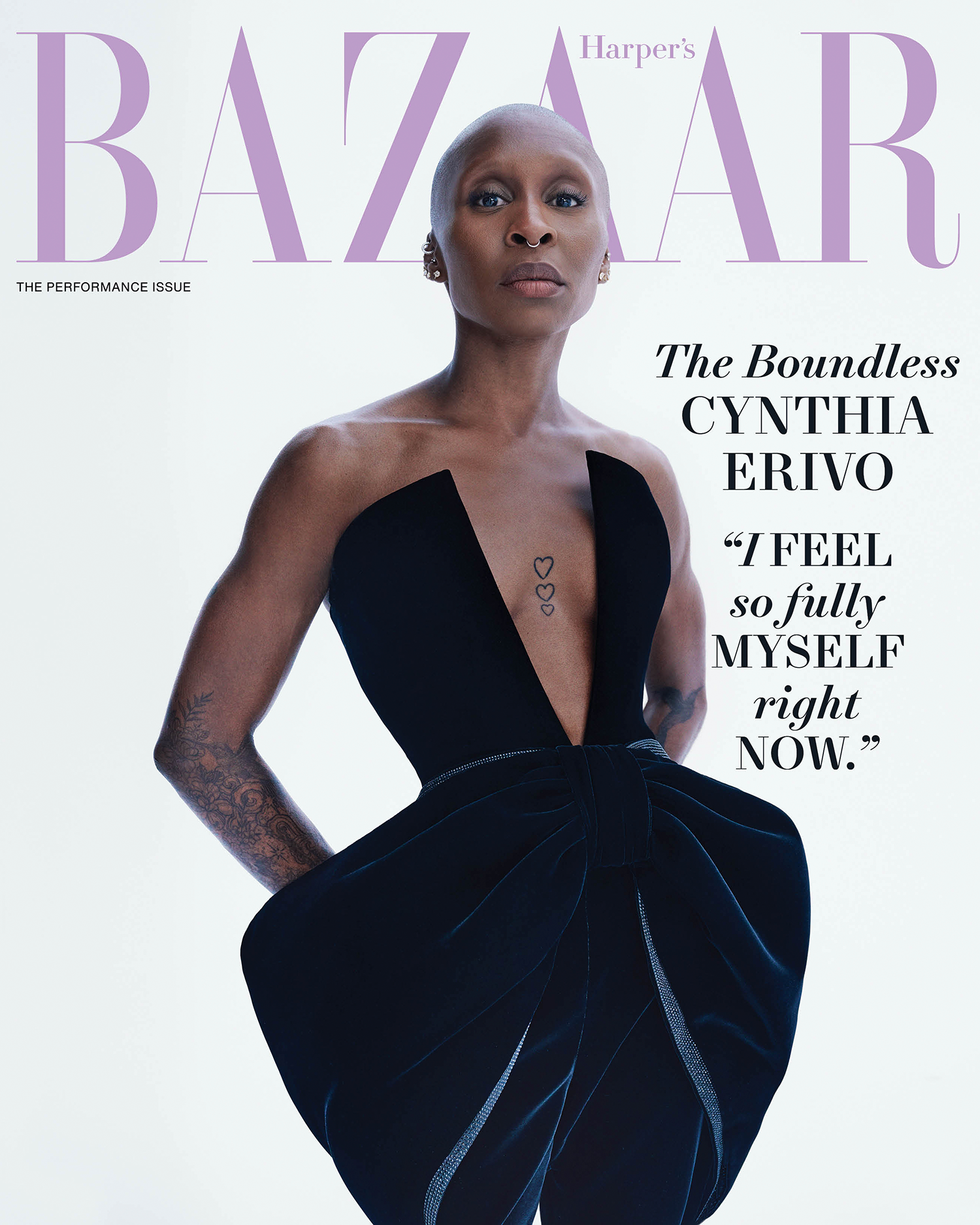 Cynthia Erivo on Harper's Bazaar cover. Black strapless formal dress, shaved head. Magazine cover with Bazaar logo in lavender.