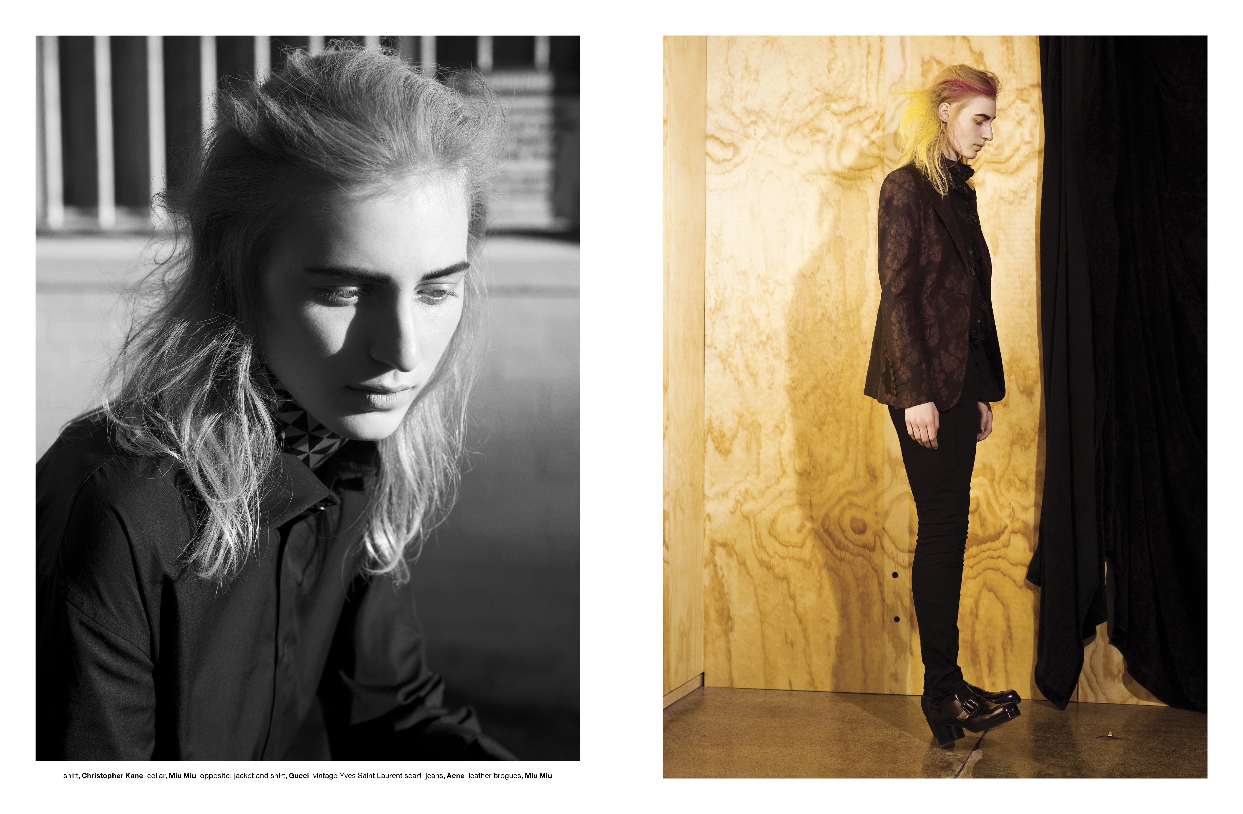 Fashion editorial photo of a slender model with styled blonde hair wearing a black jacket in a studio with a minimalist backdrop.