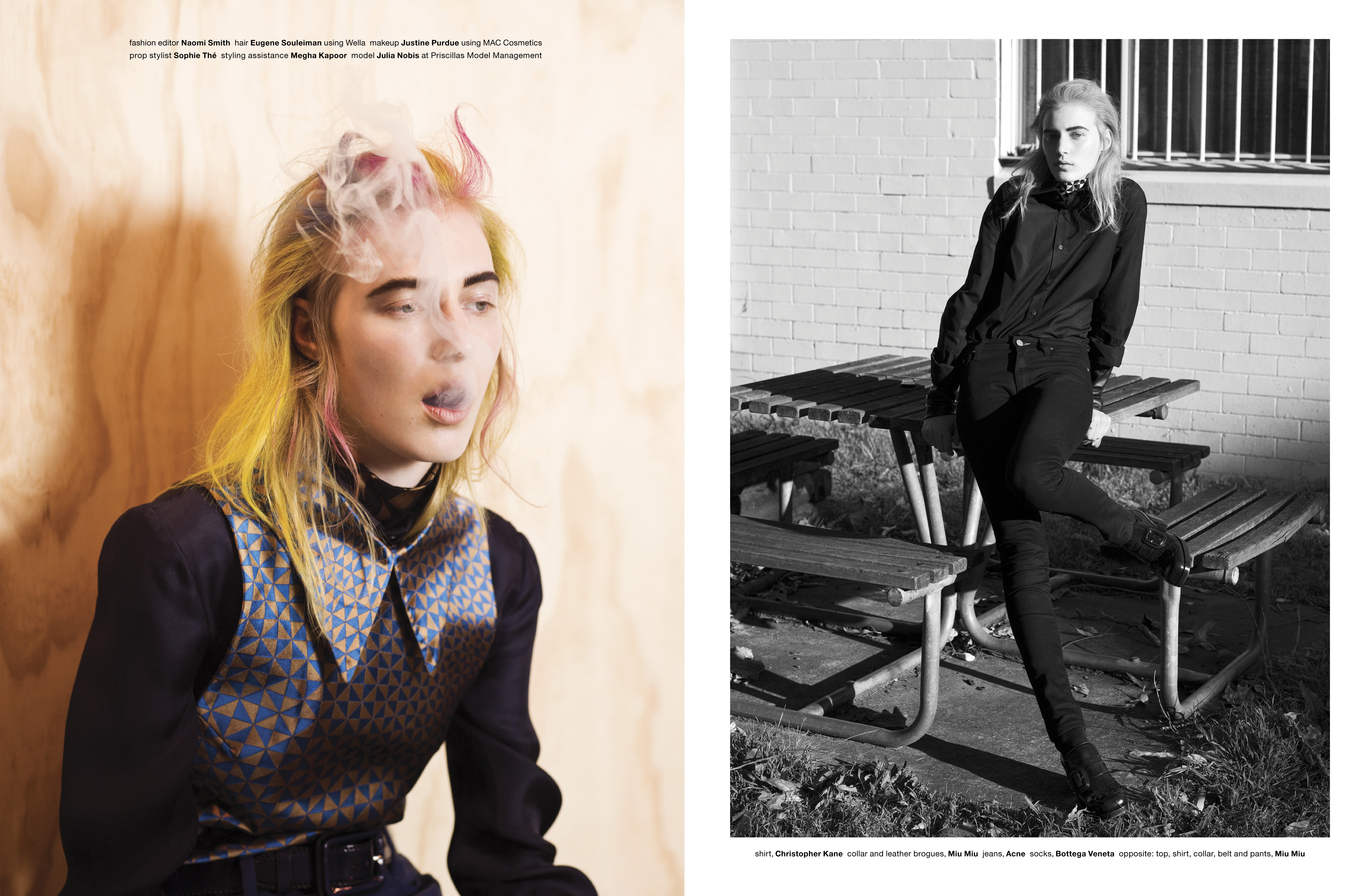 Split fashion shot: woman with dyed hair exhaling smoke near wood, another in black leaning on picnic table near brick wall.