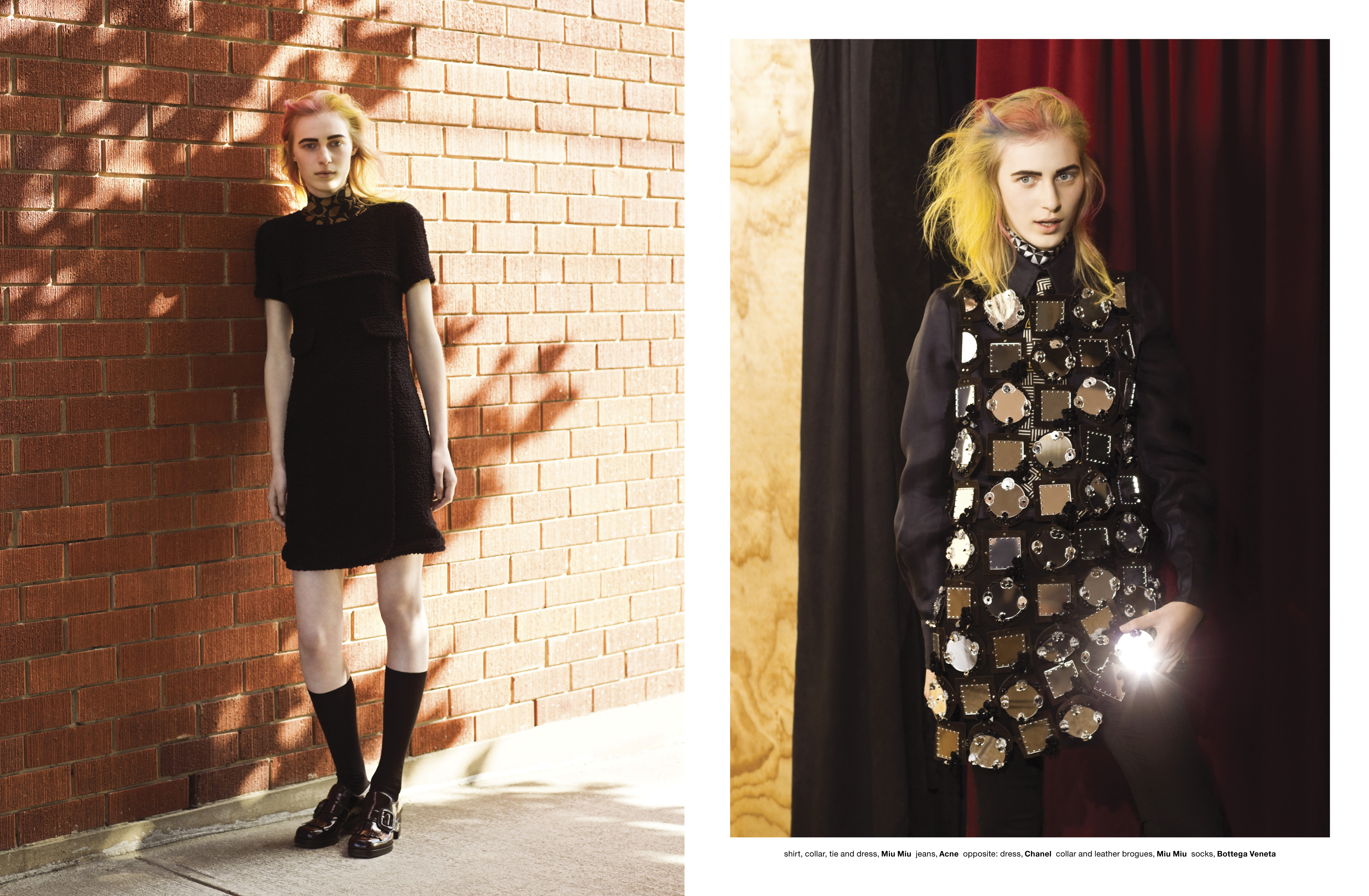 Two fashion shots show a woman with yellow-streaked hair. On the left, she poses in a black dress in front of a brick wall. On the right, she wears a black vest with mirrored squares.