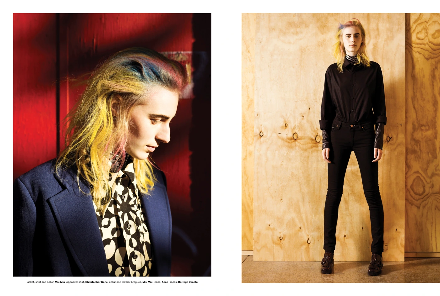 Model with dyed hair in a black shirt and jeans standing against a plywood wall in a fashion spread for doingbird magazine