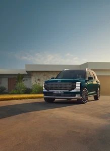 Dark green Hyundai SUV parked on a paved driveway in front of a modern suburban house during golden hour