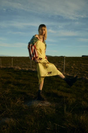 Model standing in a field against a blue sky, wearing a yellow patterned dress with striped sleeves and dark boots.