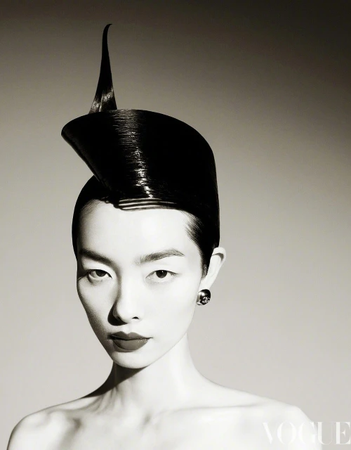 Striking black and white portrait of an Asian woman with unique black sculptural hairstyle, dark lipstick, and stud earrings, Vogue logo visible.