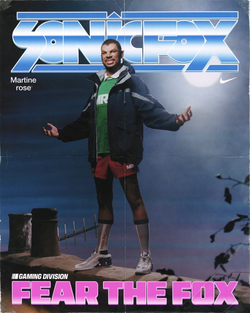 Man in sportswear poses on a rooftop with 'Sonic Fox' logo, wearinig a jacket, shorts, sneakers and socks. Moon in background.