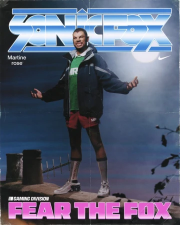 Man in sportswear poses on a rooftop with 'Sonic Fox' logo, wearinig a jacket, shorts, sneakers and socks. Moon in background.