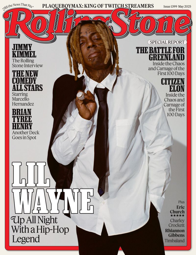 Rolling Stone magazine cover featuring Lil Wayne in a white shirt and black tie, against a cream background with red lettering.