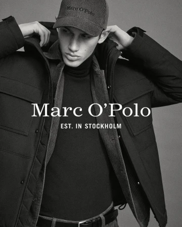 Man in a black puffer jacket and cap poses for a fashion shot with the Marc O'Polo logo and 'Est. in Stockholm' visible.