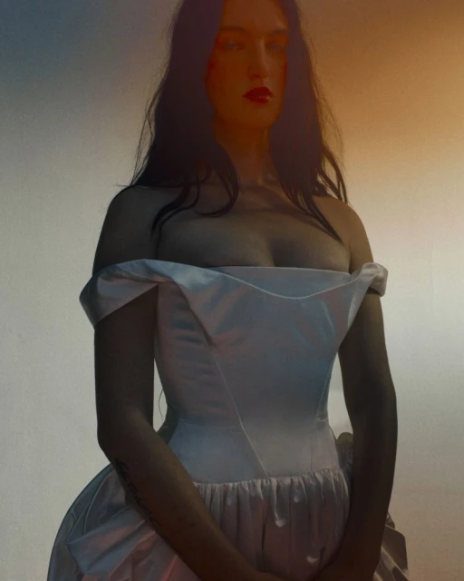 A woman with dark hair, wearing a white dress and red lipstick, poses in a medium shot against a soft gradient background.