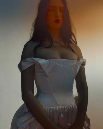 A woman with dark hair, wearing a white dress and red lipstick, poses in a medium shot against a soft gradient background.