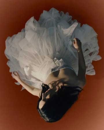 Overhead shot of a woman in a voluminous white tulle gown lying against a solid terracotta background.