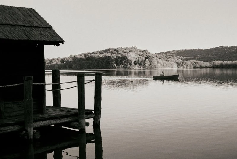 Monochrome lake scene with wooden dock, still water reflecting trees, and distant rower in boat on a calm day.