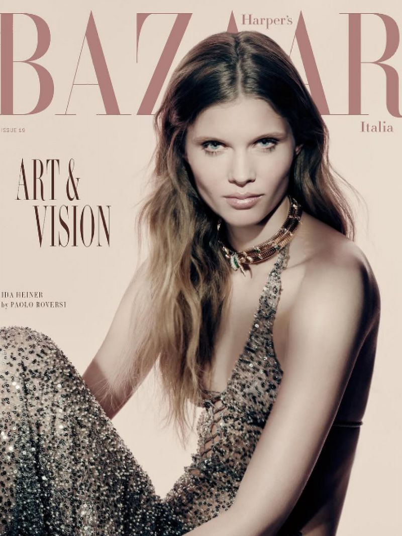 Harper's Bazaar Italia cover featuring a light-skinned woman with long hair and a sequined dress, complemented by a gold necklace.