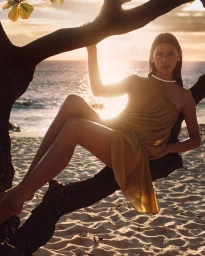 Model Vivienne Rohner in a draped mustard dress reclining in a tree on a sandy beach at sunset for Paspaley Pearls.