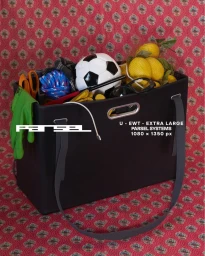 Black Parsel Systems extra large tote container filled with a soccer ball, lemons, and rope against red patterned fabric.