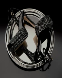 A pair of black crystal-embellished high-heeled sandals arranged on a reflective silver oval tray against a black background.