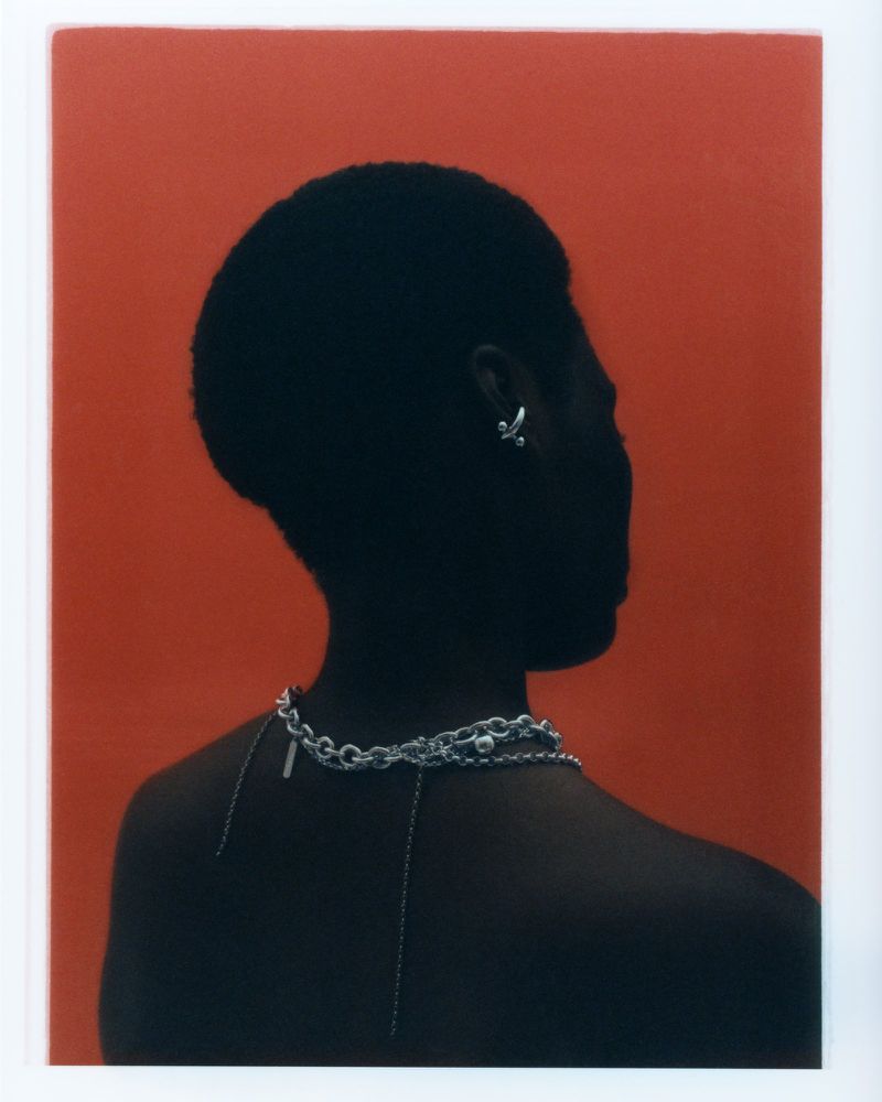 Close-up silhouette portrait of a person wearing silver chain necklaces and an ear cuff against a vibrant red backdrop.