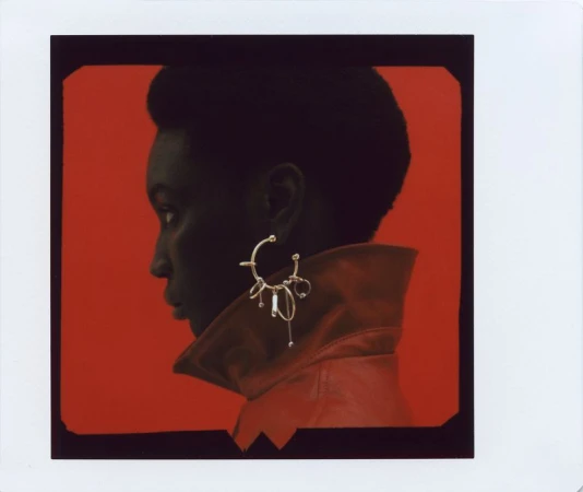 Profile portrait of a Black woman wearing a silver hoop earring and a red jacket against a solid red background