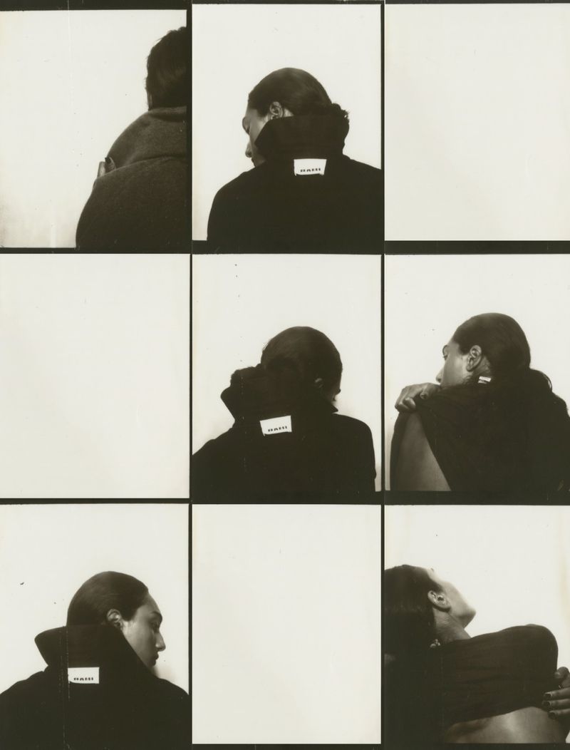 Black and white grid of dark-haired people in dark clothing against a white backdrop; faces turned away in various poses and angles.