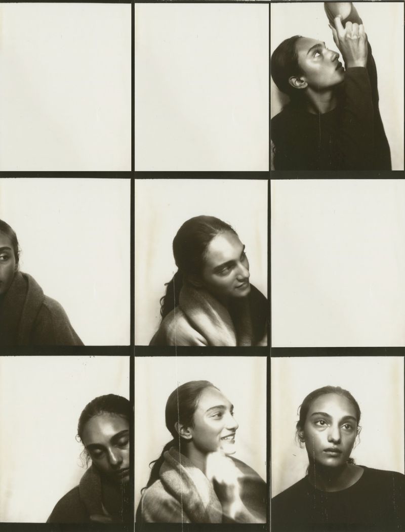 Nine-panel photobooth-style portrait of a woman with dark hair, in varying poses and expressions, against a neutral background.