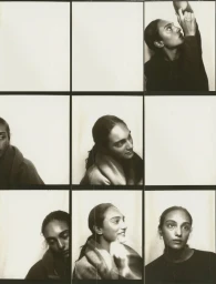 Monochrome contact sheet grid of model Sofia Subramaniam posing in knitwear against a studio backdrop.
