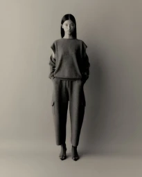 Model Xinyue Guo standing in a charcoal grey knitwear set for the Lisa Yang Fall 2025 Capsule campaign against a neutral backdrop.