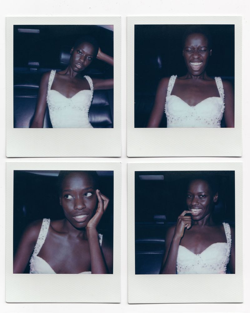 Four polaroid portraits of a woman in a white dress, seated inside a car, each showing different poses and expressions.