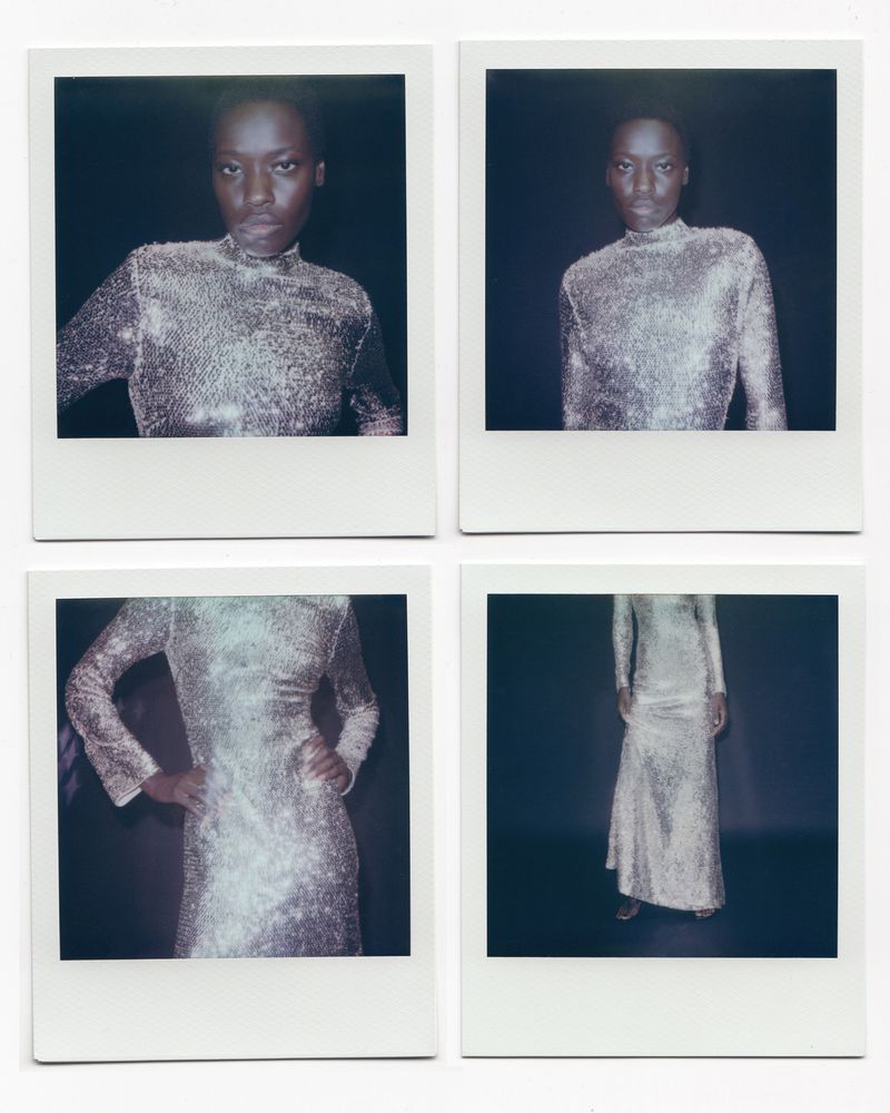Four Polaroid photos show an African woman wearing a shimmering, long-sleeved dress against a dark backdrop in a studio setting.