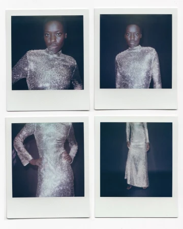 Four Polaroid photos show an African woman wearing a shimmering, long-sleeved dress against a dark backdrop in a studio setting.