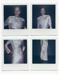Four Polaroid test shots showing a black model wearing a sparkly silver long-sleeve dress against a dark background.