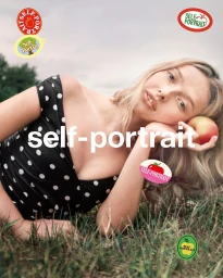 Apple Martin lying in grass wearing a black polka dot top holding an apple, for Self-Portrait