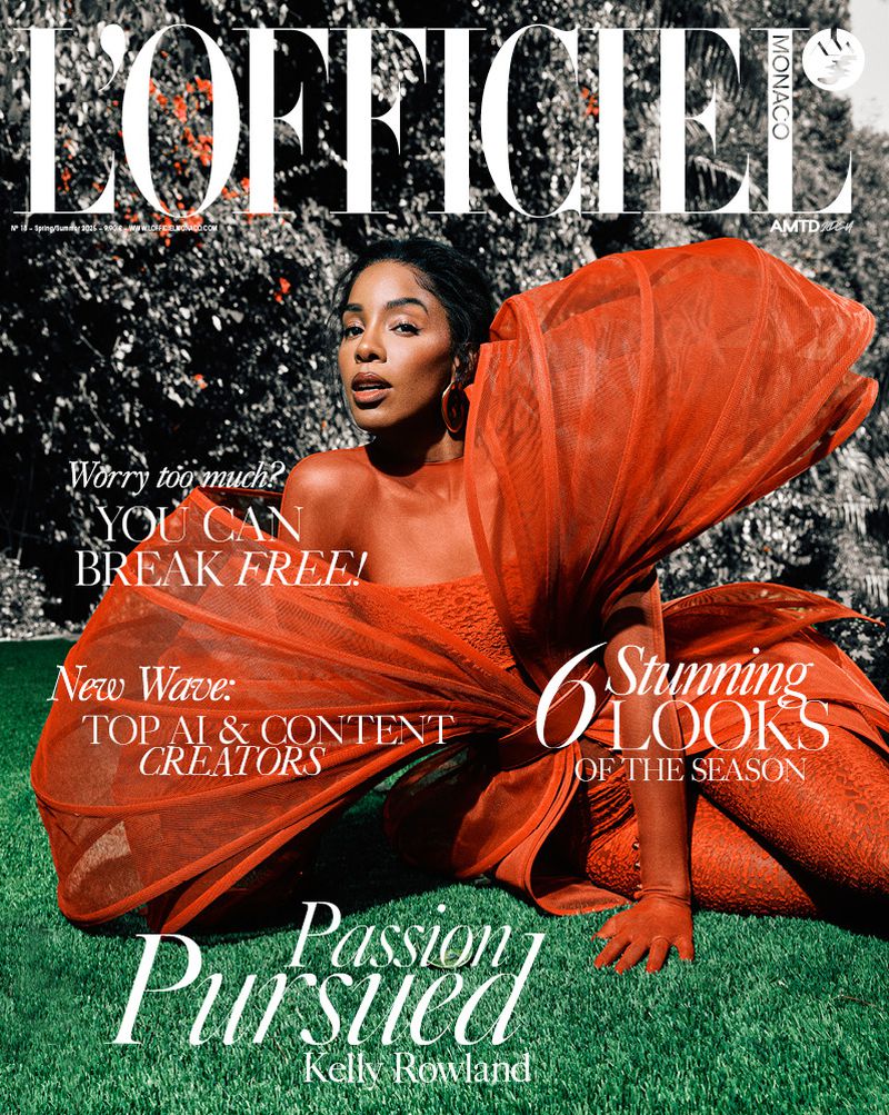 Magazine cover featuring Kelly Rowland in a red dress on grass with a leafy background, promoting 'L'Officiel Monaco' and content creators.