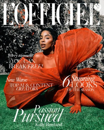 Magazine cover featuring Kelly Rowland in a red dress on grass with a leafy background, promoting 'L'Officiel Monaco' and content creators.