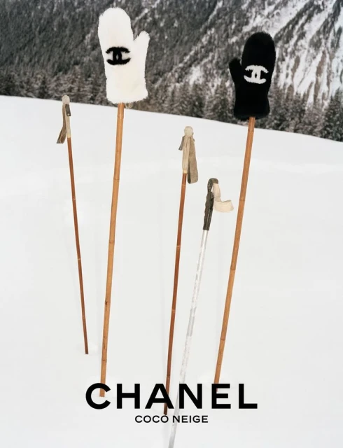 Chanel COCO NEIGE fashion ad featuring mittens on ski poles stuck in snow in a winter landscape with pine trees in the background.
