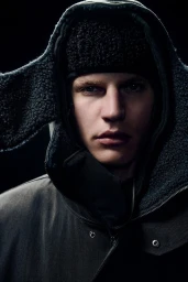 Close-up portrait of a man wearing a dark hooded jacket with earflaps and a textured beanie against a plain black background.