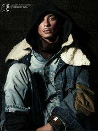 Model wearing a denim jacket with a white shearling collar and a black hooded layer against a dark textured background.